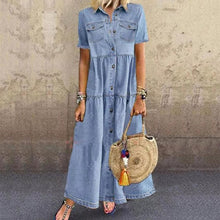 Load image into Gallery viewer, Denim Dress Retro Women Short Sleeve Turn Down Collar Pockets Button Long Loose Denim Dress Pockets Button Long Loose Plus size