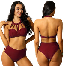 Load image into Gallery viewer, Women Sexy Swimwear Bathing Suit Bikini Set Halter Backless Bra Side Criss Cross Hollow Out High Waist Thong Swimsuits Beachwear