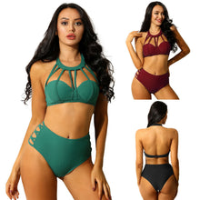 Load image into Gallery viewer, Women Sexy Swimwear Bathing Suit Bikini Set Halter Backless Bra Side Criss Cross Hollow Out High Waist Thong Swimsuits Beachwear