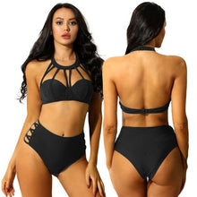 Load image into Gallery viewer, Women Sexy Swimwear Bathing Suit Bikini Set Halter Backless Bra Side Criss Cross Hollow Out High Waist Thong Swimsuits Beachwear