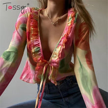 Load image into Gallery viewer, Tossy Fashion Boho Ruffle Blouse See-Through Lace V-Neck Tops For Women Long Sleeve Summer Shirt Party Beach Cropped Top 2021
