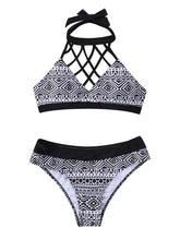 Load image into Gallery viewer, 2021 Women Sexy Bikini Set Two Piece Geometric Print Halter Backless Hollow Out Swimsuit Female Adjustable Bra Beach Swimwear