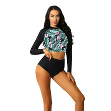 Load image into Gallery viewer, 2PCS Women Summer Swimwear Swimsuit Long Sleeve Scoop Neck Floral Printed Tie String Top High Waist Tankini Bottom Bathing Suit