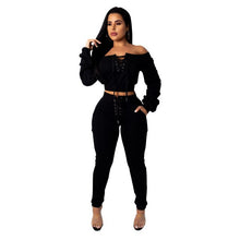 Load image into Gallery viewer, Cutubly Solid Club Two Piece Sets Hollow Out Sexy Party Two Piece Set Bandage Slash Neck Full Sleeve Top and Long Pants Set
