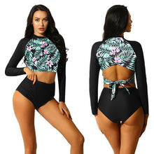 Load image into Gallery viewer, 2PCS Women Summer Swimwear Swimsuit Long Sleeve Scoop Neck Floral Printed Tie String Top High Waist Tankini Bottom Bathing Suit
