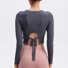 Load image into Gallery viewer, New Short Sexy Tight Navel Backless Workout Yoga Dress Women's Long Sleeve Jacket Show Thin Running Fitness Clothes Sports
