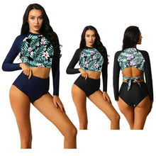 Load image into Gallery viewer, 2PCS Women Summer Swimwear Swimsuit Long Sleeve Scoop Neck Floral Printed Tie String Top High Waist Tankini Bottom Bathing Suit
