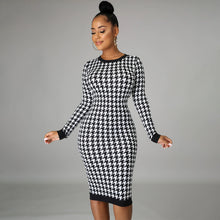 Load image into Gallery viewer, Dulzura Houndstooth Print Women Long Sleeve Midi Dress Hollow Out Bodycon Sexy Streetwear 2020 Autumn Winter Club Elegant Slim
