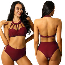 Load image into Gallery viewer, Women Sexy Swimwear Bathing Suit Bikini Set Halter Backless Bra Side Criss Cross Hollow Out High Waist Thong Swimsuits Beachwear

