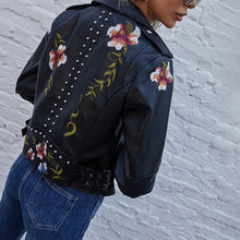Load image into Gallery viewer, Spring Autumn Floral Print Embroidery Faux Leather Jacket Women High Street Motorcycle Black Punk Outerwear Biker Jacket
