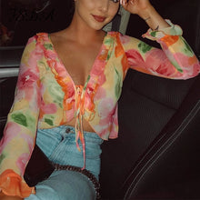 Load image into Gallery viewer, Tossy Fashion Boho Ruffle Blouse See-Through Lace V-Neck Tops For Women Long Sleeve Summer Shirt Party Beach Cropped Top 2021
