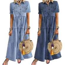 Load image into Gallery viewer, Denim Dress Retro Women Short Sleeve Turn Down Collar Pockets Button Long Loose Denim Dress Pockets Button Long Loose Plus size
