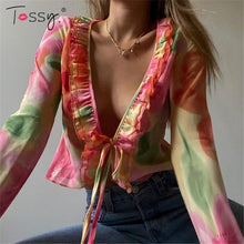 Load image into Gallery viewer, Tossy Fashion Boho Ruffle Blouse See-Through Lace V-Neck Tops For Women Long Sleeve Summer Shirt Party Beach Cropped Top 2021
