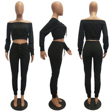 Load image into Gallery viewer, Cutubly Solid Club Two Piece Sets Hollow Out Sexy Party Two Piece Set Bandage Slash Neck Full Sleeve Top and Long Pants Set
