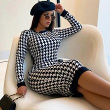 Load image into Gallery viewer, Dulzura Houndstooth Print Women Long Sleeve Midi Dress Hollow Out Bodycon Sexy Streetwear 2020 Autumn Winter Club Elegant Slim
