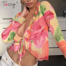 Load image into Gallery viewer, Tossy Fashion Boho Ruffle Blouse See-Through Lace V-Neck Tops For Women Long Sleeve Summer Shirt Party Beach Cropped Top 2021
