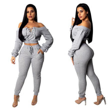 Load image into Gallery viewer, Cutubly Solid Club Two Piece Sets Hollow Out Sexy Party Two Piece Set Bandage Slash Neck Full Sleeve Top and Long Pants Set
