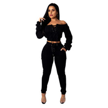 Load image into Gallery viewer, Cutubly Solid Club Two Piece Sets Hollow Out Sexy Party Two Piece Set Bandage Slash Neck Full Sleeve Top and Long Pants Set
