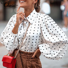 Load image into Gallery viewer, Celmia Women White Shirts 2021 Autumn Polka Dot Shirt Button Loose Long Lantern Sleeve Lapel Elegant Office Ladies Stylish Tops
