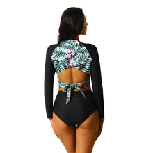 Load image into Gallery viewer, 2PCS Women Summer Swimwear Swimsuit Long Sleeve Scoop Neck Floral Printed Tie String Top High Waist Tankini Bottom Bathing Suit
