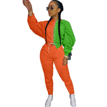 Load image into Gallery viewer, Cutubly Patchwork Color Two Piece Set Autumn Lace Up Women'S Set Long Sleeve Top And Jogger Trouser Pants Set Tracksuit Outfits
