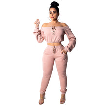Load image into Gallery viewer, Cutubly Solid Club Two Piece Sets Hollow Out Sexy Party Two Piece Set Bandage Slash Neck Full Sleeve Top and Long Pants Set
