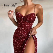 Load image into Gallery viewer, Glamm Lady Floral Print Casual Midi Sexy Party Dresses For Womens Strapless Autumn Summer Dress Club Bodycon Dress Puff Vestidos

