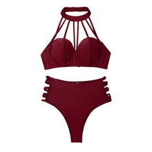 Load image into Gallery viewer, Women Sexy Swimwear Bathing Suit Bikini Set Halter Backless Bra Side Criss Cross Hollow Out High Waist Thong Swimsuits Beachwear
