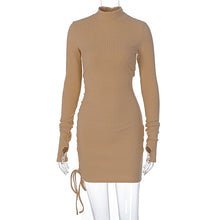 Load image into Gallery viewer, 2021 Long Sleeve Ribbed Ruched Bandage Sexy Mini Dress Autumn Winter Women High Neck Knitted Pure Party Elegant Outfits
