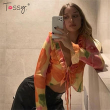 Load image into Gallery viewer, Tossy Fashion Boho Ruffle Blouse See-Through Lace V-Neck Tops For Women Long Sleeve Summer Shirt Party Beach Cropped Top 2021
