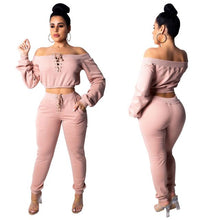 Load image into Gallery viewer, Cutubly Solid Club Two Piece Sets Hollow Out Sexy Party Two Piece Set Bandage Slash Neck Full Sleeve Top and Long Pants Set
