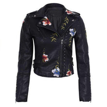 Load image into Gallery viewer, Spring Autumn Floral Print Embroidery Faux Leather Jacket Women High Street Motorcycle Black Punk Outerwear Biker Jacket

