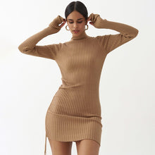 Load image into Gallery viewer, 2021 Long Sleeve Ribbed Ruched Bandage Sexy Mini Dress Autumn Winter Women High Neck Knitted Pure Party Elegant Outfits
