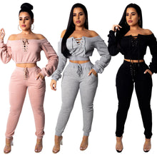 Load image into Gallery viewer, Cutubly Solid Club Two Piece Sets Hollow Out Sexy Party Two Piece Set Bandage Slash Neck Full Sleeve Top and Long Pants Set
