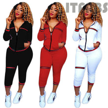 Load image into Gallery viewer, 2021 Autumn Women's Sportswear 2pcs Women's Hooded Long Sleeve Zip Crop Tops Long Pants Trousers Loose Casual Clothes Set
