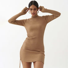 Load image into Gallery viewer, 2021 Long Sleeve Ribbed Ruched Bandage Sexy Mini Dress Autumn Winter Women High Neck Knitted Pure Party Elegant Outfits

