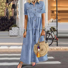 Load image into Gallery viewer, Denim Dress Retro Women Short Sleeve Turn Down Collar Pockets Button Long Loose Denim Dress Pockets Button Long Loose Plus size
