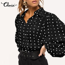 Load image into Gallery viewer, Celmia Women White Shirts 2021 Autumn Polka Dot Shirt Button Loose Long Lantern Sleeve Lapel Elegant Office Ladies Stylish Tops

