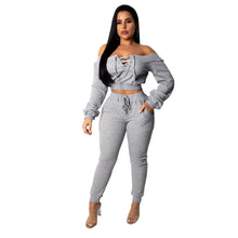 Load image into Gallery viewer, Cutubly Solid Club Two Piece Sets Hollow Out Sexy Party Two Piece Set Bandage Slash Neck Full Sleeve Top and Long Pants Set
