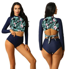 Load image into Gallery viewer, 2PCS Women Summer Swimwear Swimsuit Long Sleeve Scoop Neck Floral Printed Tie String Top High Waist Tankini Bottom Bathing Suit
